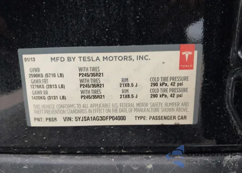 2013 Tesla Model S z USA, uszkodzony, nr VIN 5YJSA1AG3DFP04000